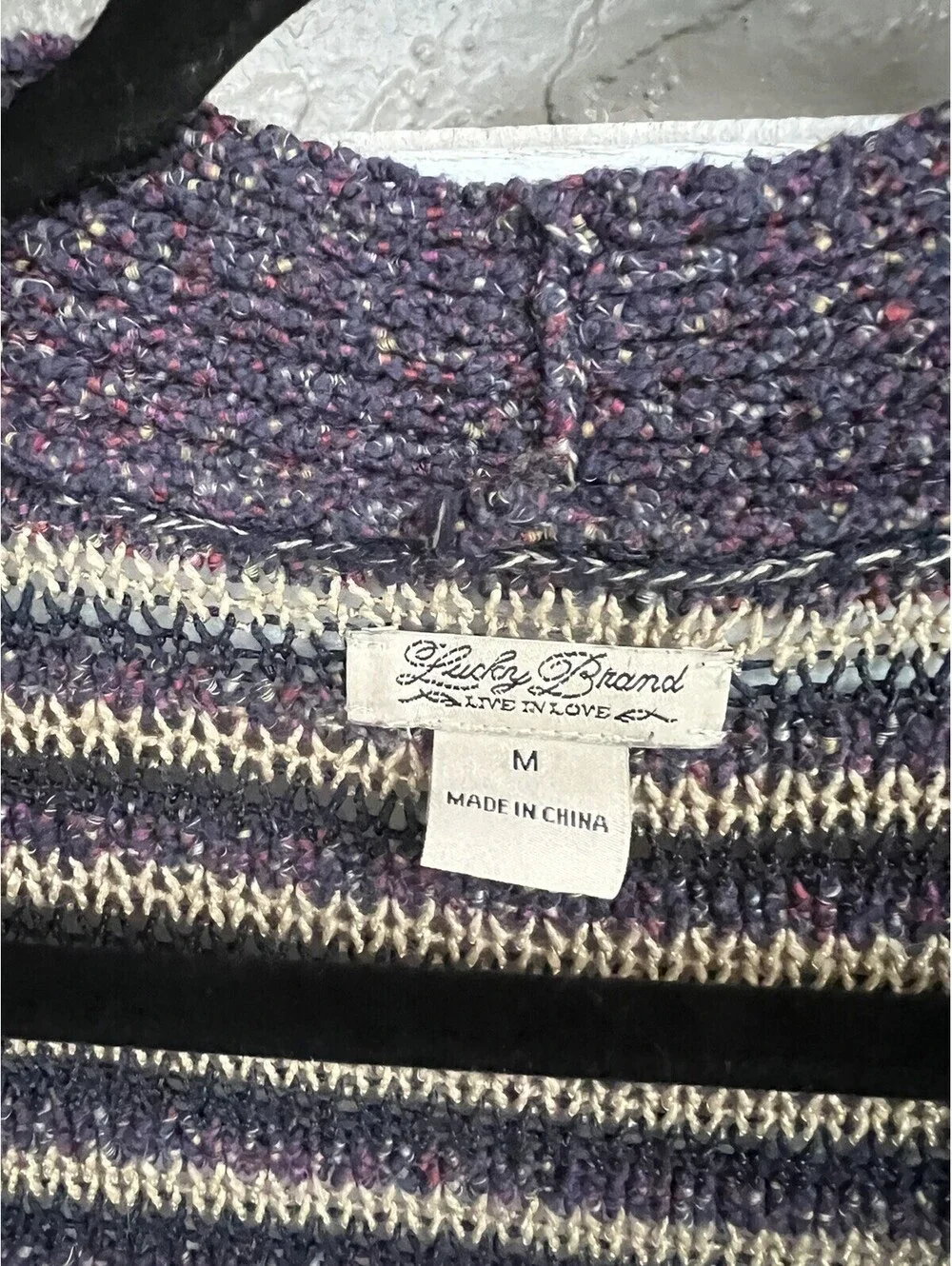 Lucky Brand Striped Pockets Long Cardigan Sweater  Purple Cream Size M.